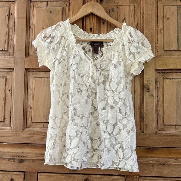 Women's‎ Trulli Petite XXSP Cream Ivory Lace Blouse Sheer Short Sleeve - Picture 1 of 6
